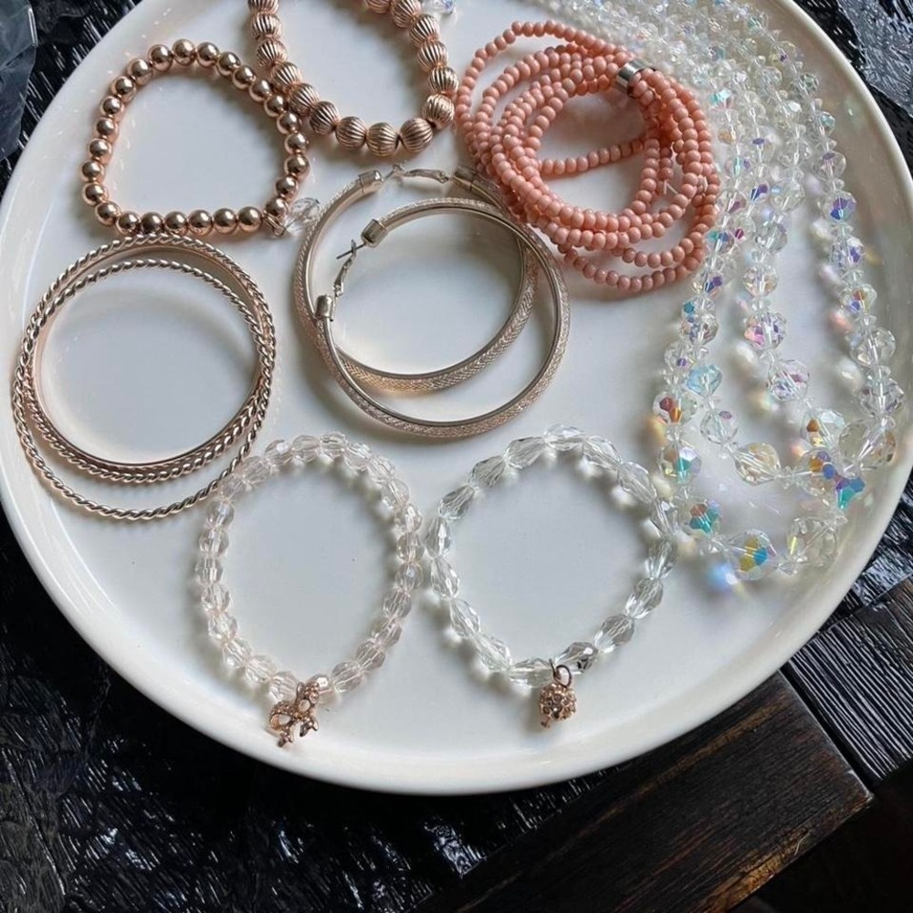'Bundle set includes ( 8 bracelets, 1 necklace, 1 set earrings-hoops a